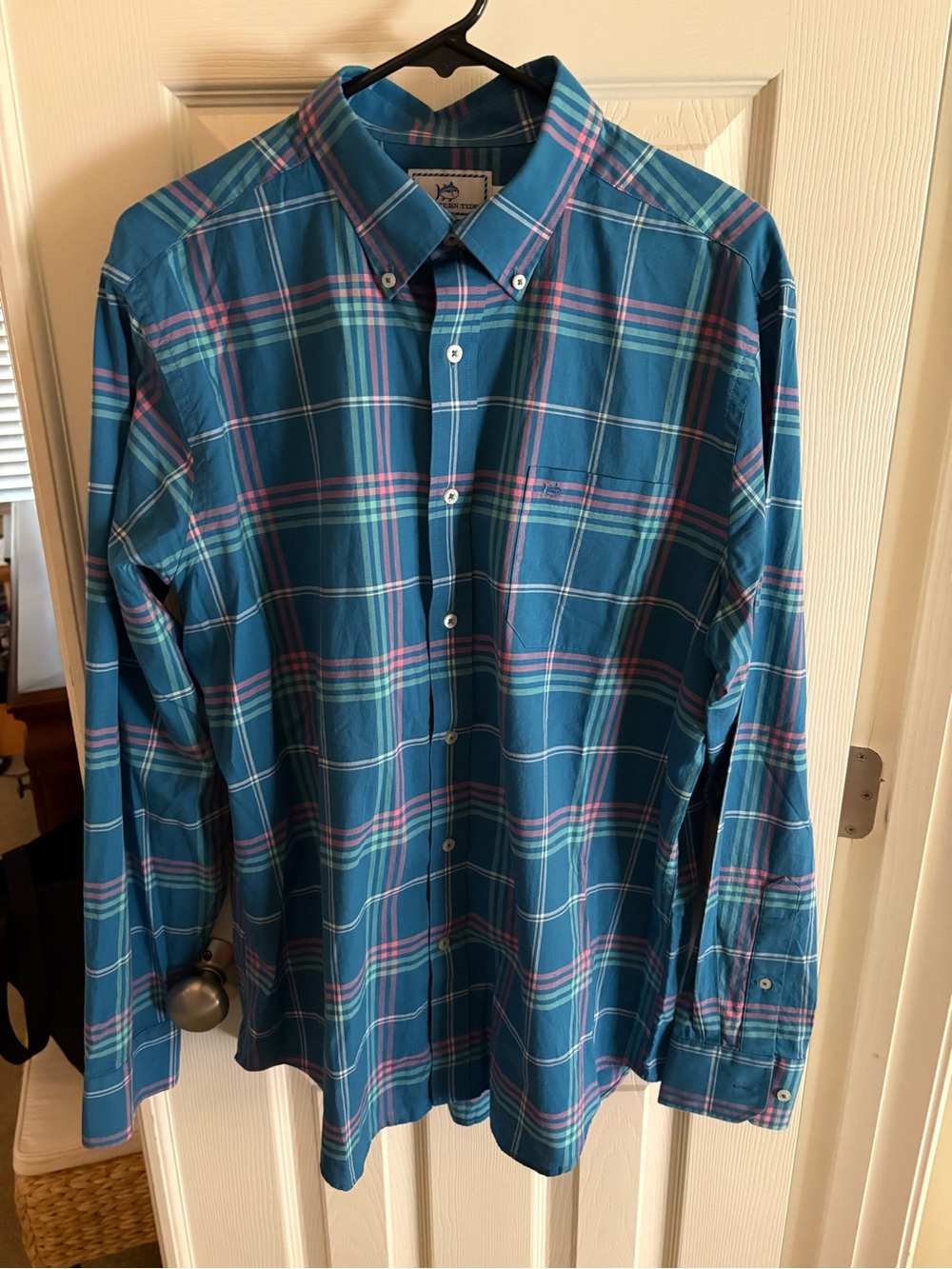 Southern Tide Blue Plaid Button-Down Shirt with Pink and White Accents